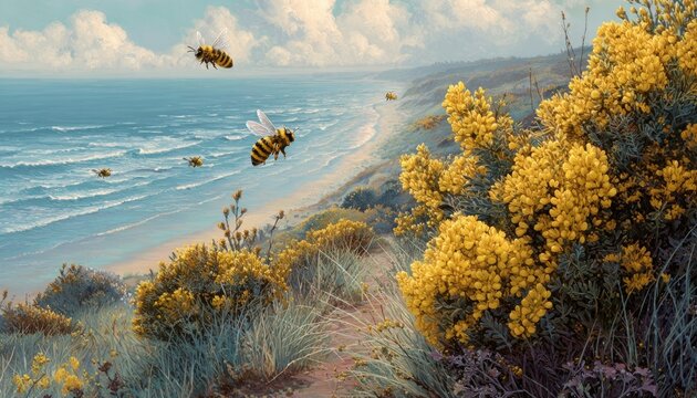 Coastal dune scene with seaside bees on yellow bush lupine, salty wind effects on wings, ocean horizon fade