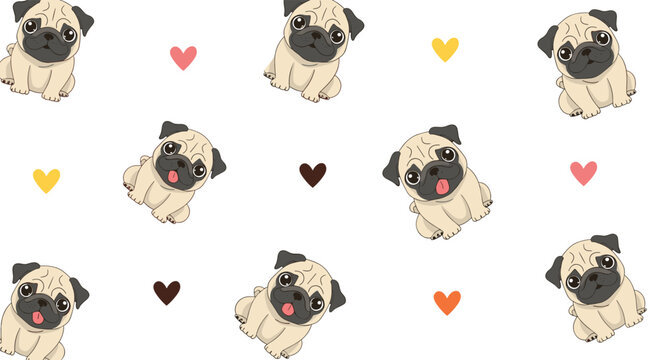 Delightful repeating pattern features cute pug puppies in different sitting positions accompanied by small colorful hearts.