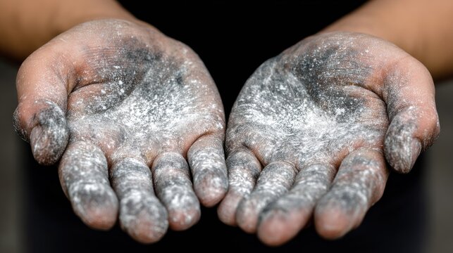 Person displays palms covered in dark grime and white powder substance