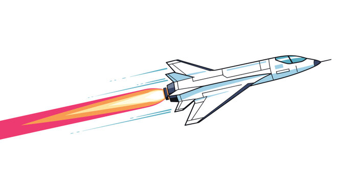 Illustration of a sleek white jet plane flying fast through the air with a bright red and yellow propulsion fire trail.