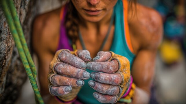 Muscular female climber focuses intensely while preparing her chalked hands for the next move.