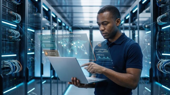 IT administrator managing server room with laptop, accessing global data network for cybersecurity and cloud infrastructure maintenance