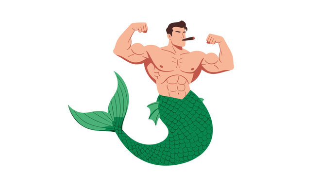 Strong and muscular merman character with a green fish tail posing with his arms flexed and a cigar in his mouth.