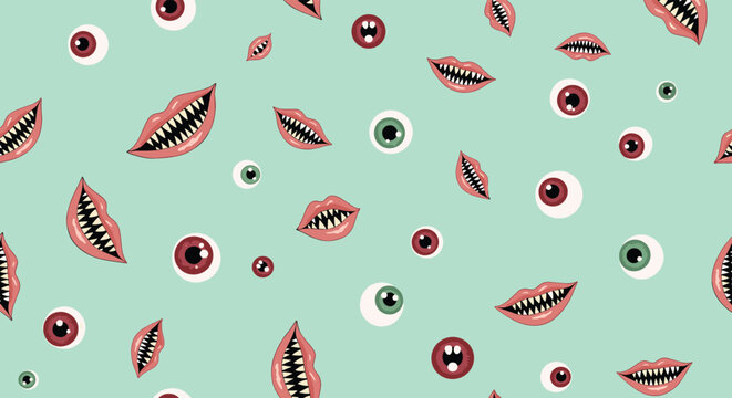 Surreal and creepy seamless pattern of floating eyeballs and wide open mouths with sharp teeth on a light green base.