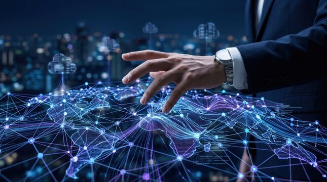 Businessman hand touching global network map hologram, digital transformation and cloud computing concept for future technology connectivity
