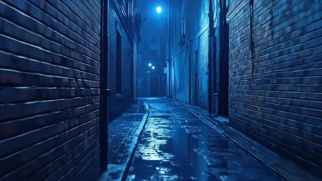 A dark narrow alleyway illuminated by a single glowing street lamp