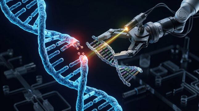Robotic arm editing DNA strand with laser precision, genetic engineering concept, CRISPR gene therapy application, molecular biology research, biotechnology innovation