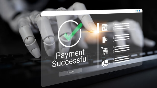 A robotic hand engages with a digital payment interface, highlighting a successful transaction. This image represents advancements in automated payment systems and online commerce. Ledger