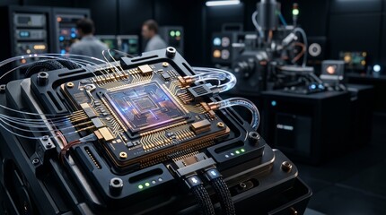 Fototapeta premium Advanced Quantum Processor Architecture Processing Data in a High Tech Laboratory Environment