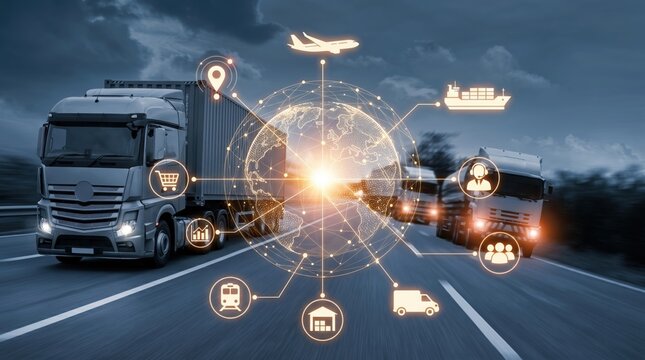 Global logistics supply chain management with trucks on highway, digital network connecting transportation, shipping, and delivery services for international trade business concept