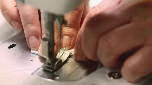 Needlework process. Garment making. Seamstress hand preparing white eyelet tape with metal fittings. Fashion clothing studio workflow.