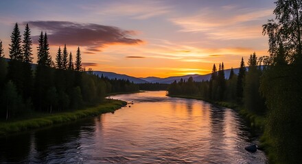 Obraz premium Serene river landscape at sunset with forested banks and vibrant sky reflection