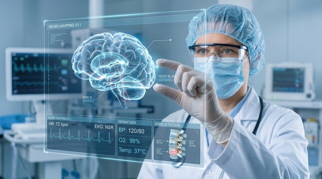Neuro mapping brain scan analysis, doctor examining 3D holographic brain model on transparent display, monitoring vital signs and spinal health