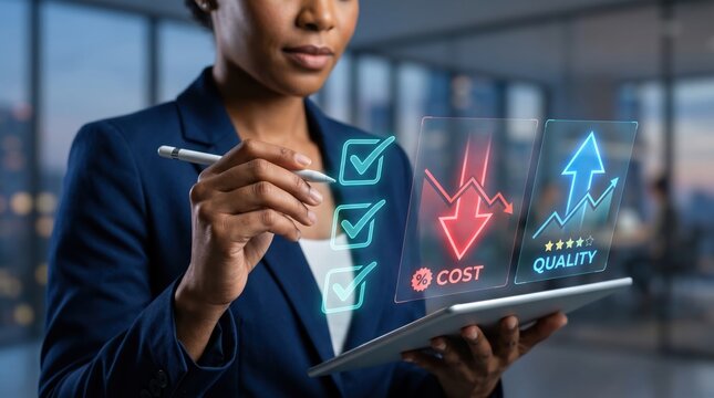 Business manager analyzing cost reduction and quality improvement strategies on digital tablet interface with checkmarks.