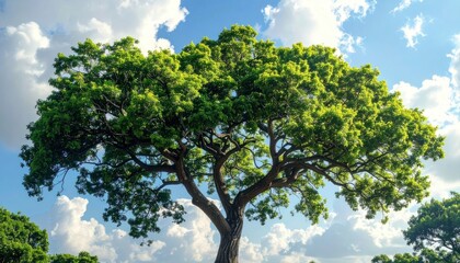 Fototapeta premium Lush green tree with spreading branches against a bright blue sky with fluffy white clouds