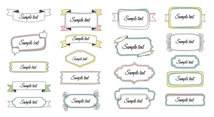 Set of cute hand drawn vintage ribbon banners and label frames for greeting card invitations or scrapbooking decoration elements collection on white space. © Snek