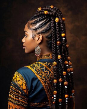 Beautiful woman with intricate cornrows and traditional braided hairstyle, close-up side view portrait.