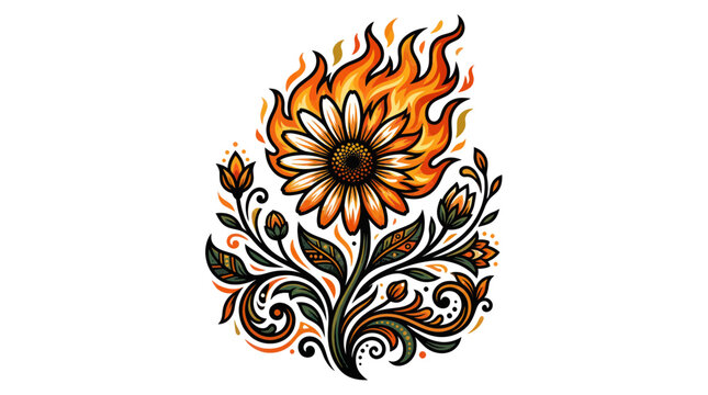 Flaming Sunflower with Burning Leaves Design.