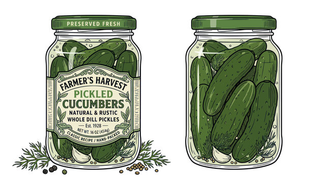 Jar of pickled cucumbers side by side.