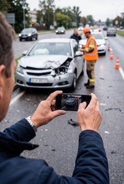 Man photographing damaged car after traffic accident for insurance claim