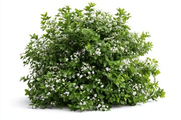 Obraz premium Lush, dense, overhead view of a vibrant green shrub with scattered tiny white floral accents on isolated white background.