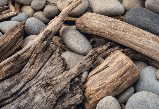 Natural driftwood pieces and smooth grey river stones scattered on a beach shore creating a textured organic coastal background