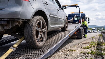 Naklejka premium Tow truck loading broken car on roadside assistance service scene