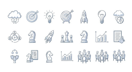 Fototapeta premium Business strategy linear icons. marketing, startup, success. editable stroke. vector illustration. target, rocket, light bulb, chess, graph.
