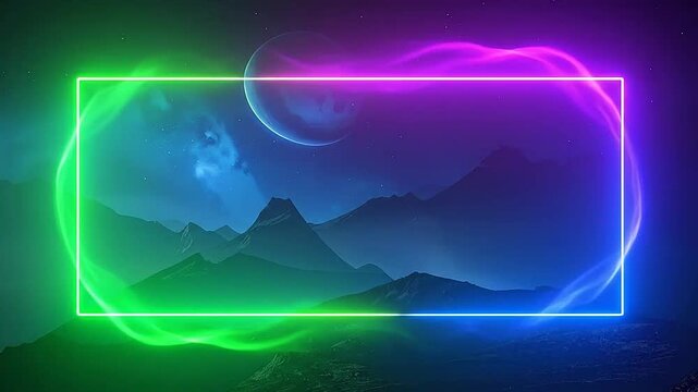 A glowing neon frame floats above a dark mountain landscape scene