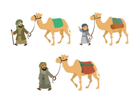 Cute cartoon illustration of an Arab man walking alongside a camel, featuring traditional attire and a friendly character style suitable for educational, cultural, travel, and desert themed design