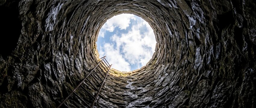 View from inside dark well looking up to bright light opening