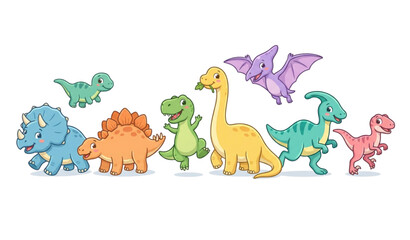 Colorful cartoon dinosaurs and a pterodactyl walking together © MdRimon