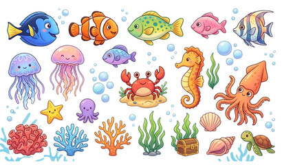 Cartoon marine life collection fish jellyfish coral and sea creatures © MdRimon