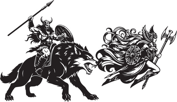 Viking Warrior Riding Giant Wolf Fighting Valkyrie Goddess Epic Norse Mythology Black and White Graphic Vector Illustration