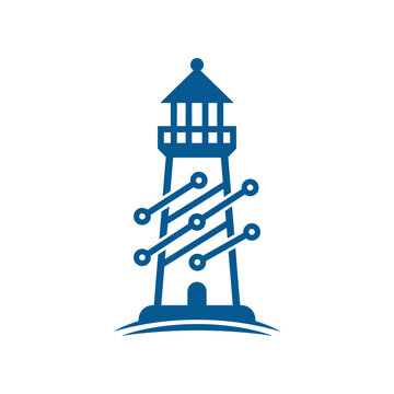 Blue digital lighthouse logo with circuit board lines.