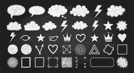 Collection of chalk hand drawn sketch elements like clouds lightning bolts stars hearts speech bubbles crowns and arrows on blackboard background. © Snek