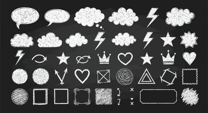 Collection of chalk hand drawn sketch elements like clouds lightning bolts stars hearts speech bubbles crowns and arrows on blackboard background.