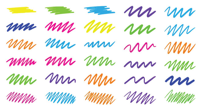 Collection of colorful scribbled lines and zig zag shapes in various colors ideal for backgrounds or design accents.