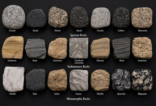 Educational collection of igneous, sedimentary, and metamorphic rock samples labeled and arranged on a black background, for geology study