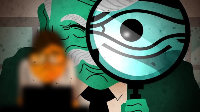 stressed office worker under giant magnifying glass of micromanaging boss