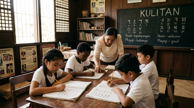 Students learning the Kulitan writing system in a heritage classroom, promoting cultural awareness, language preservation, and educational development.
