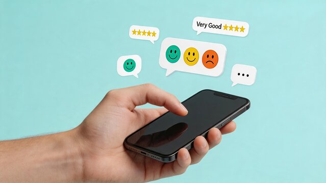 Hand holding smartphone with customer feedback icons, five star rating review concept, user satisfaction survey, mobile app evaluation, positive and negative emotion symbols for