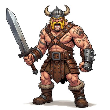 Digital illustration of a fierce barbarian warrior with horned helmet and broadsword in heroic pose in clash of clan.