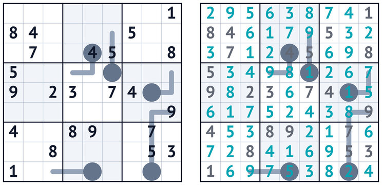 Sudoku puzzle grid with solution in turquoise and aquamarine colors  