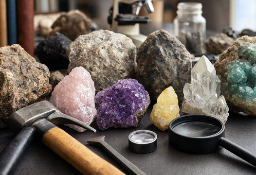 Geological collection of raw crystals, minerals, and rocks on a dark surface with a metal hammer, chisel, and magnifying glass for study