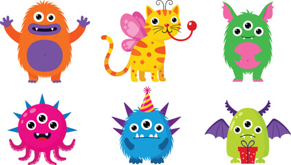 Obraz premium Cute Cartoon Monster Character Collection with Colorful Fantasy Creatures, Funny Mascots, and Adorable Kids Party Vector Illustrations