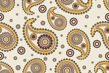 Seamless paisley pattern with geometric circle ornaments. Vintage teardrop motif vector illustration in mustard yellow and brown tones for textile, fabric, and wallpaper design. © Thanawat