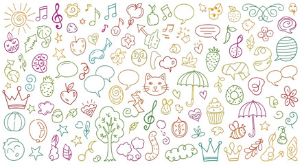 Big set of hand drawn colorful doodle icons, sketch style elements, isolated on a white background, concept illustration for children and creative projects. © Snek