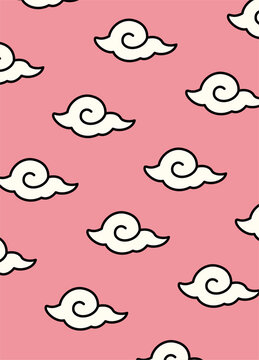 Seamless pattern of white Japanese style clouds on pink background