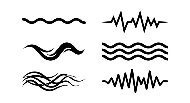 Wave icon set, solid black, white background, vector illustration